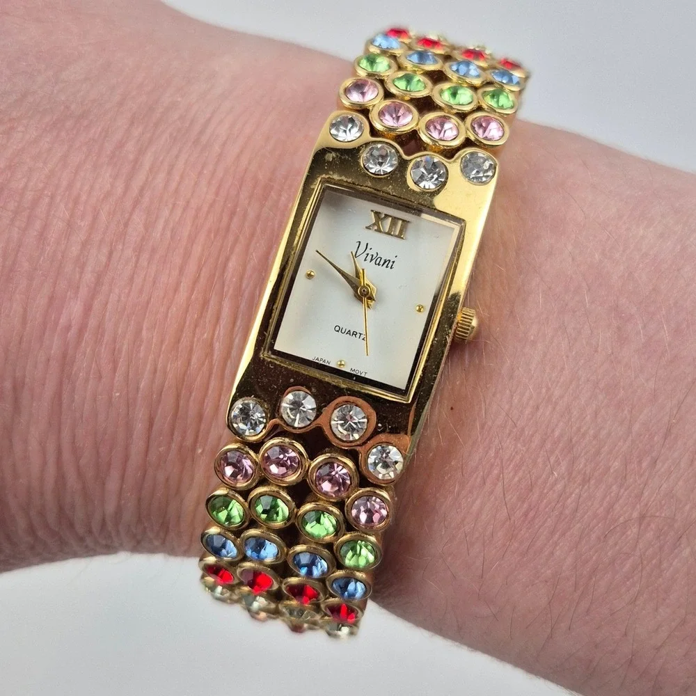 Vivani Rhinestone Cuff Watch‎ Gold Tone Multicolor Japan Movt Vtg Needs Battery